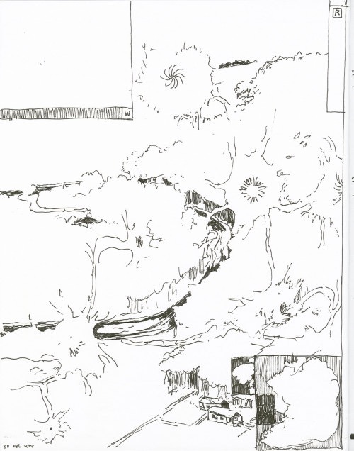 A black and white pen drawing of a pastoral scene that includes abstracted marks that resemble explosions, trees, or waterways